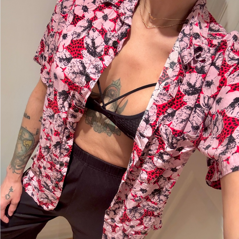 Urban Outfitters Floral Pink and Red Button-Up Hawaiian Shirt